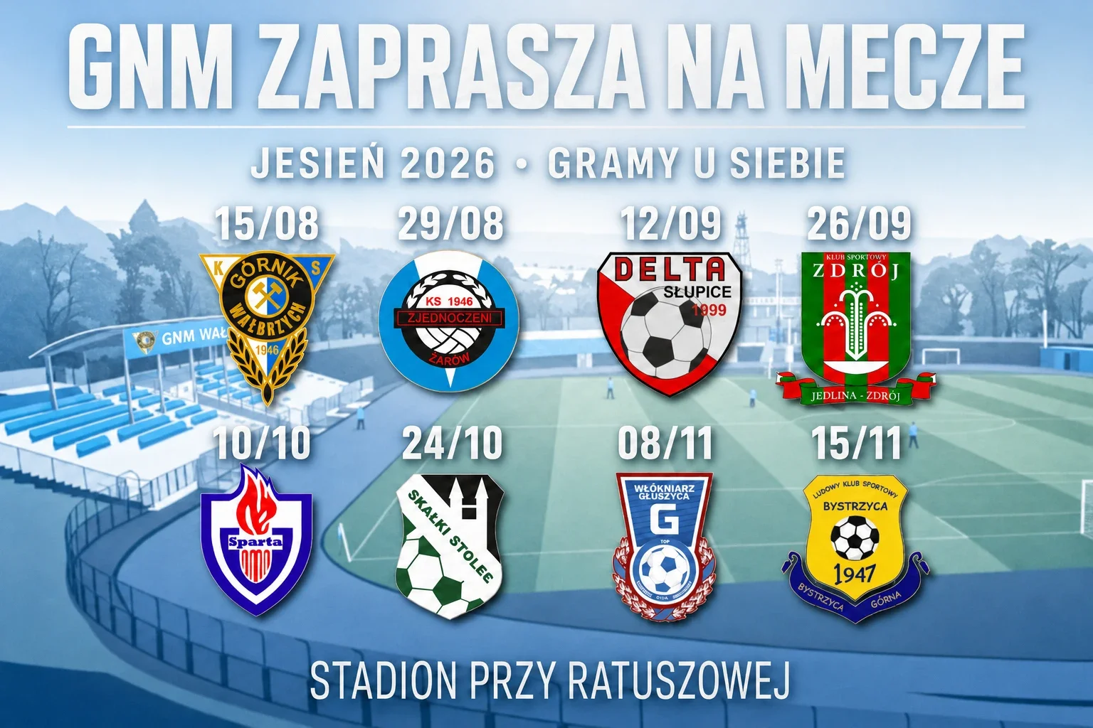 Mecze domowe GNM - jesień 2026, daty i herby rywali