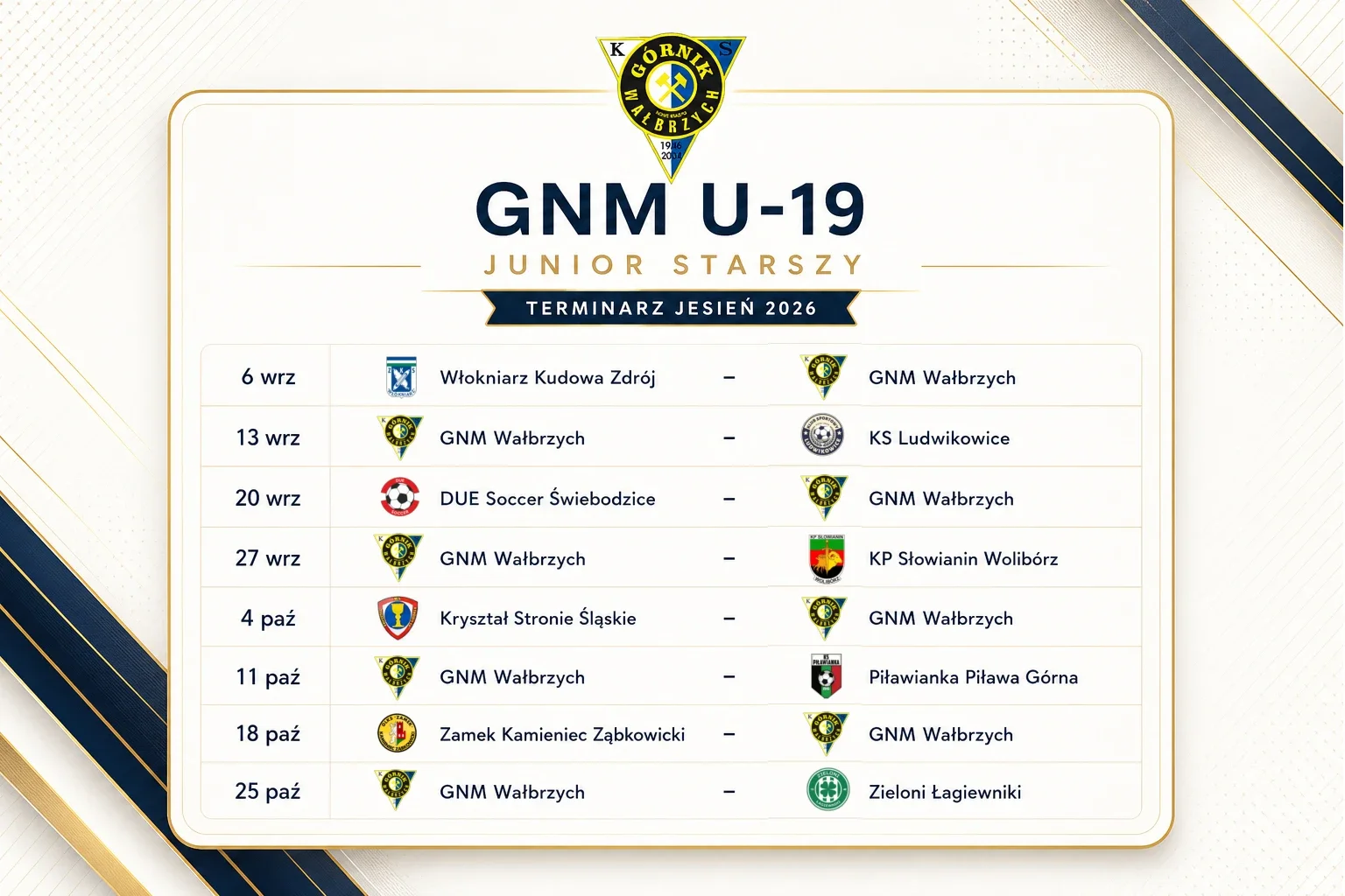 Terminarz rozgrywek A1 Junior Starszy dla GNM U-19 Jesień 2026/2027
